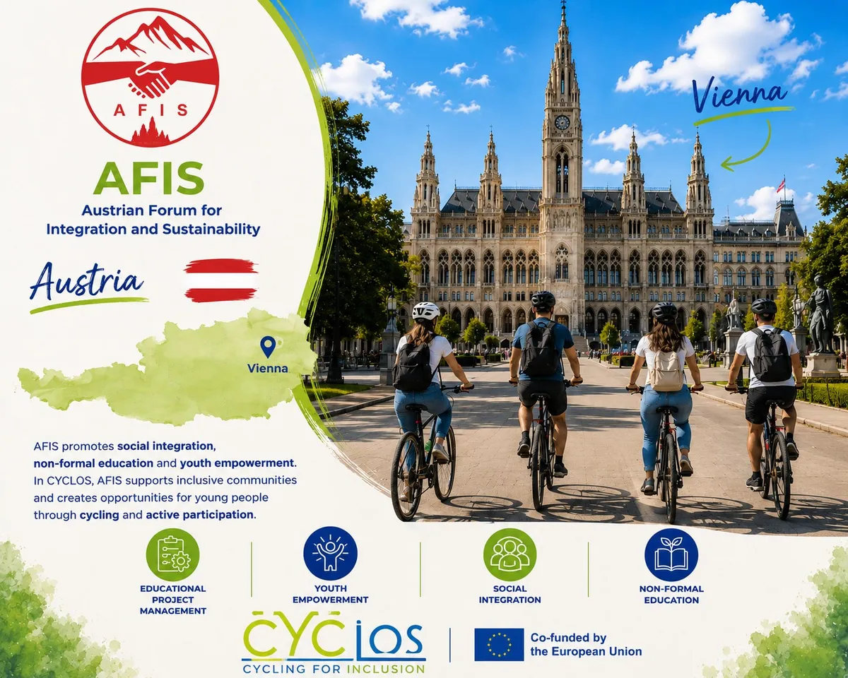 AFIS partner spotlight graphic: the AFIS logo and name, Austrian Forum for Integration and Sustainability, a map of Austria marking Vienna, four cyclists riding towards Vienna City Hall, and its fields of work: educational project management, youth empowerment, social integration and non-formal education