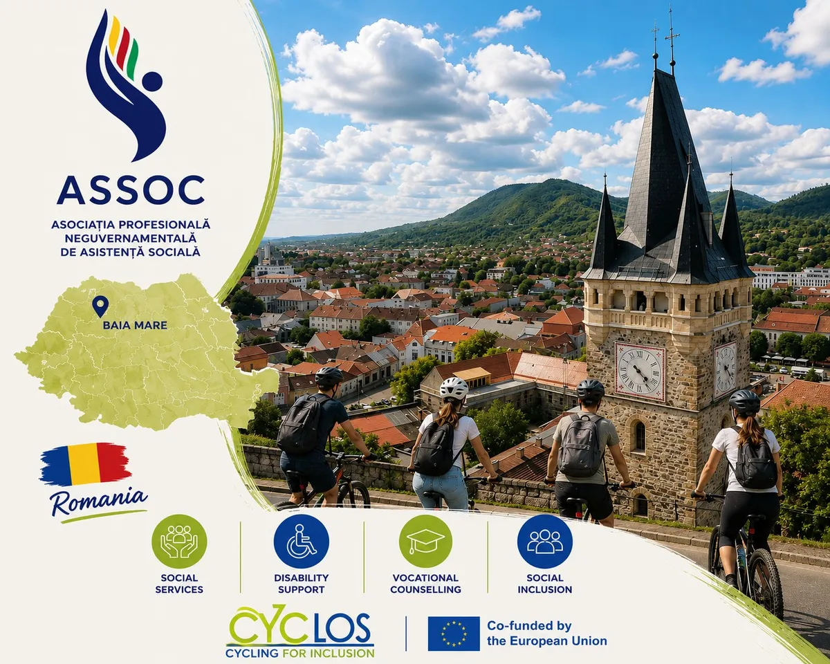 ASSOC partner spotlight graphic: the ASSOC logo and full name, a map of Romania marking Baia Mare, four cyclists riding past a clock tower above the town, and its fields of work: social services, disability support, vocational counselling and social inclusion